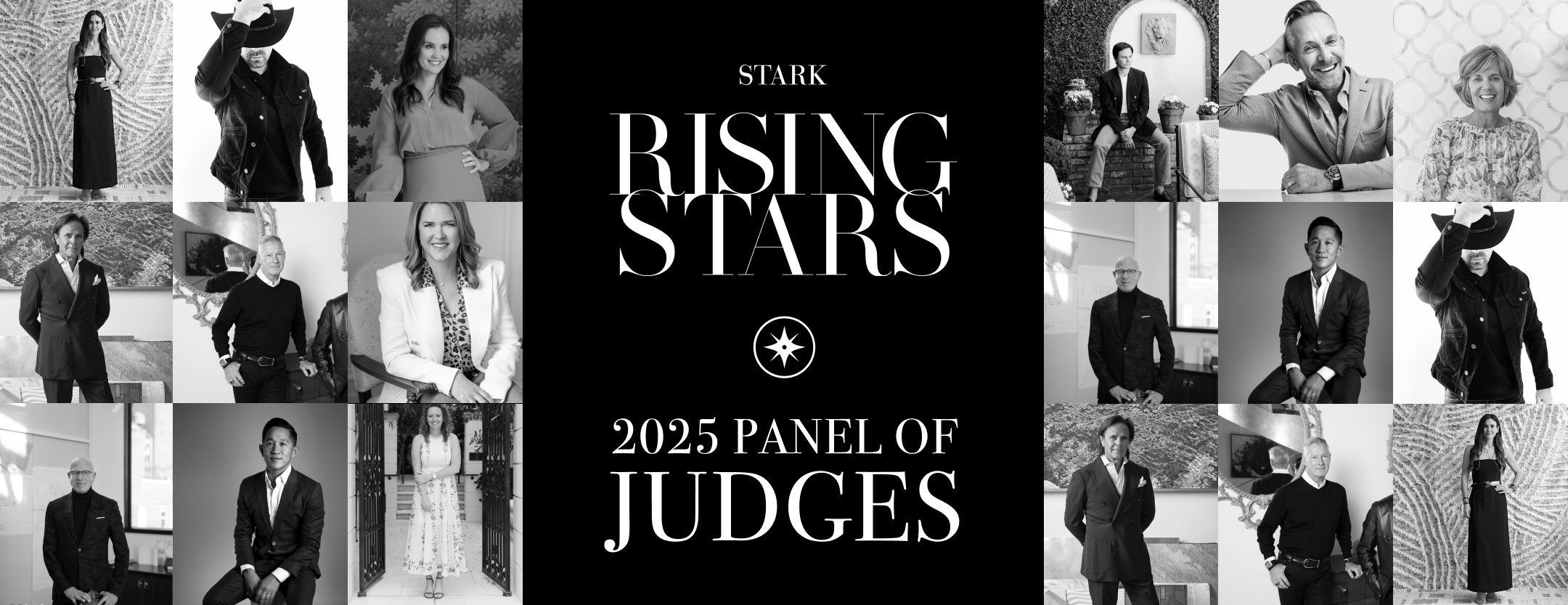 Promotional banner for 'Stark Rising Stars 2025 Panel of Judges' featuring a collage of people in formal attire.