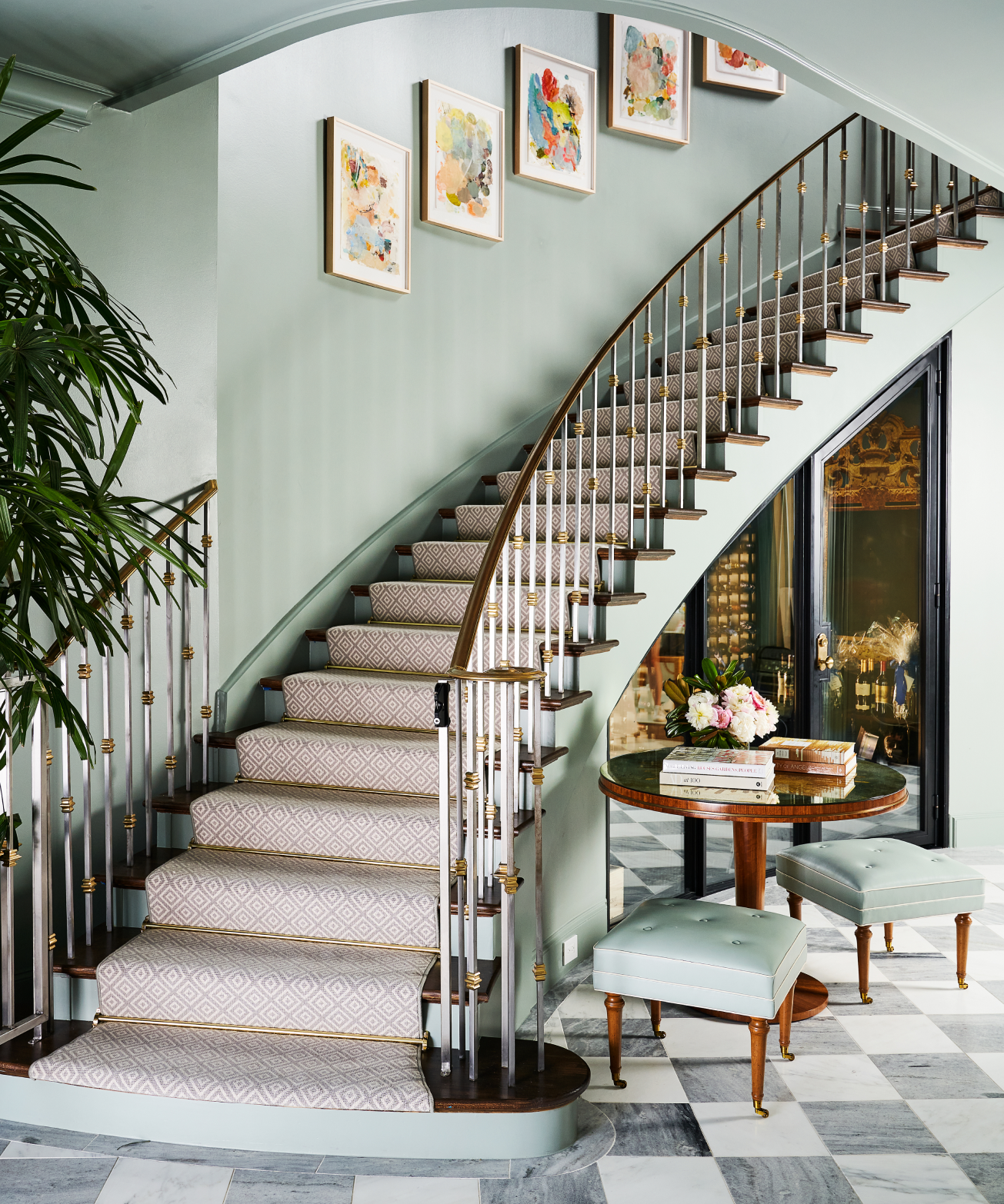 Staircase with custom Stark carpet running up stairs.