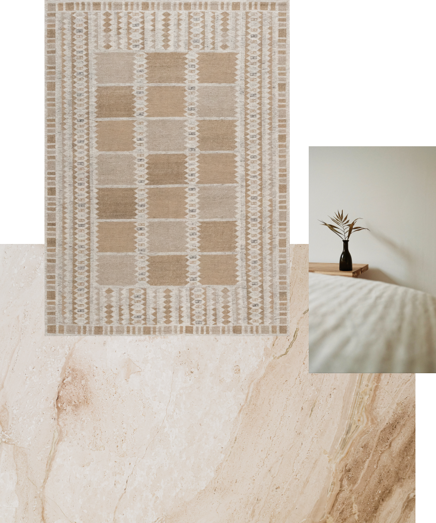 Design elements that tie in with a neutral rug.