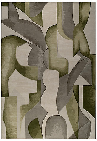 Abstract patterned rug with geometric shapes in green, gray, and beige.