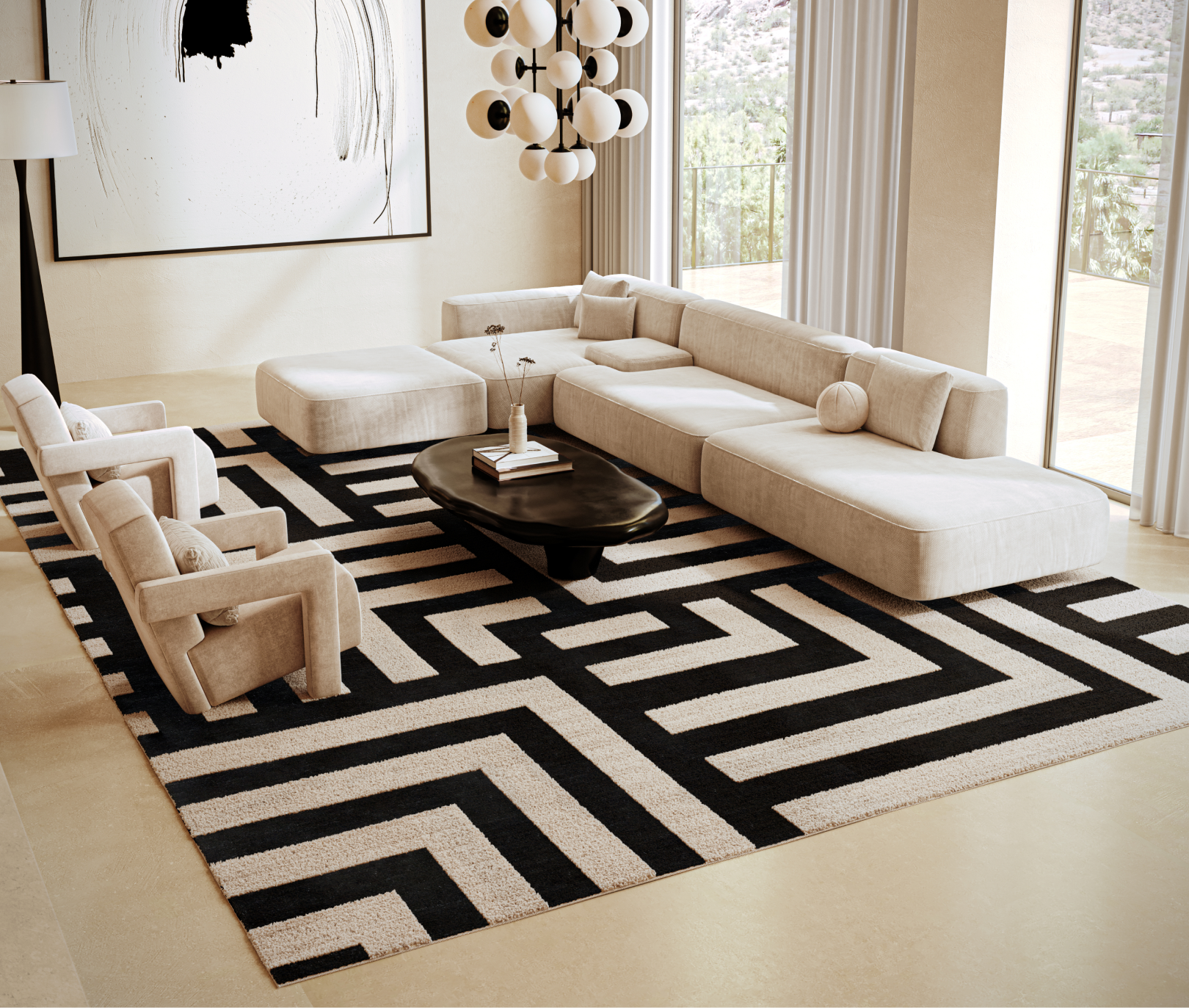 Modern living room with black and tan design rug, modular couch and two arm chairs, all in a tan theme.