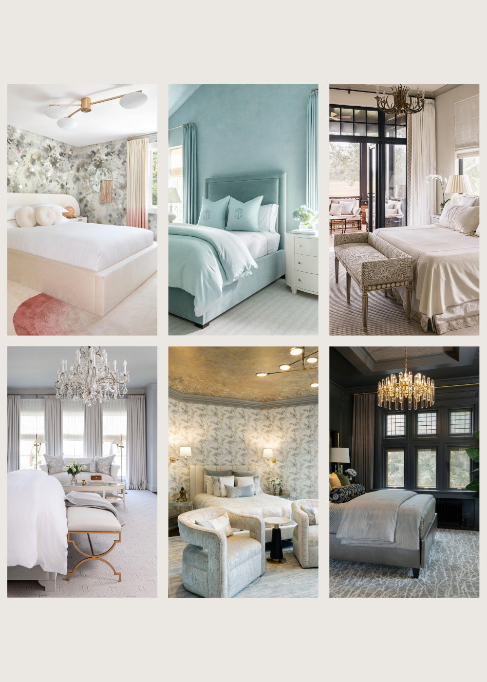 Six different bedroom images with select color palettes.